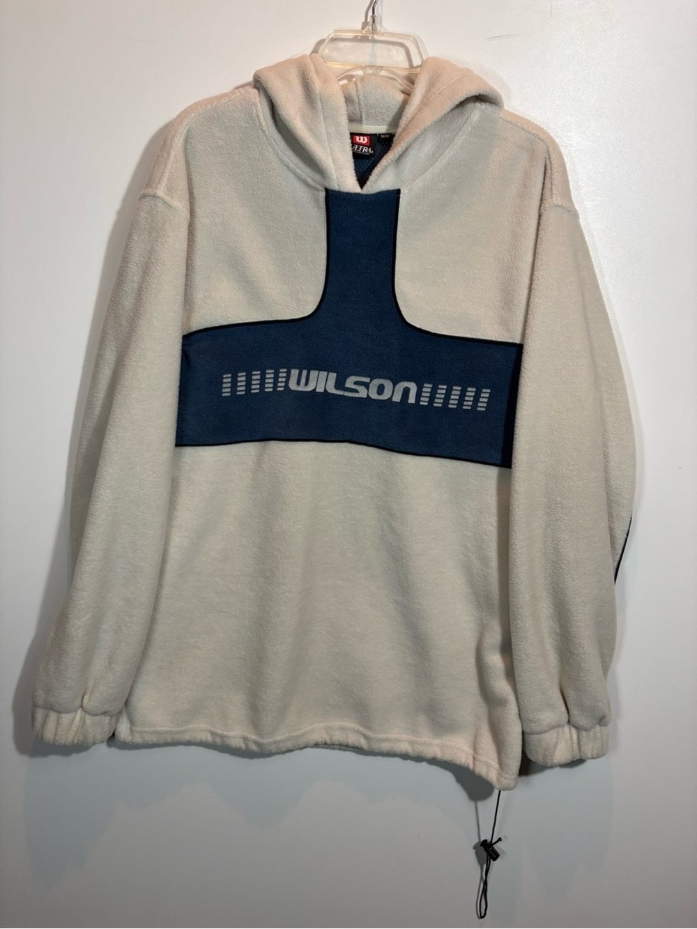 Vintage Wilson Men's Heavy Hooded Polar Fleece Pullover in Cream and Navy